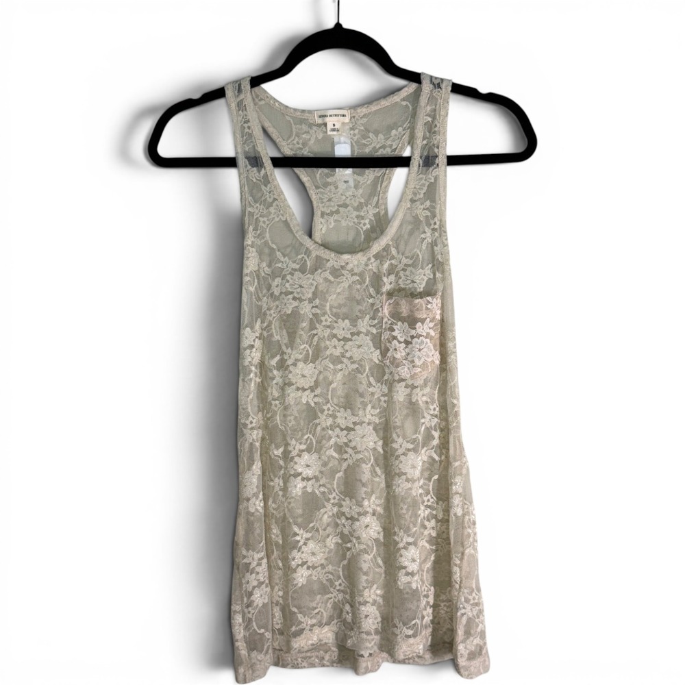 Zenana Cream Floral Lace Fairycore Racerback Tank Top Sheer Y2K Small
